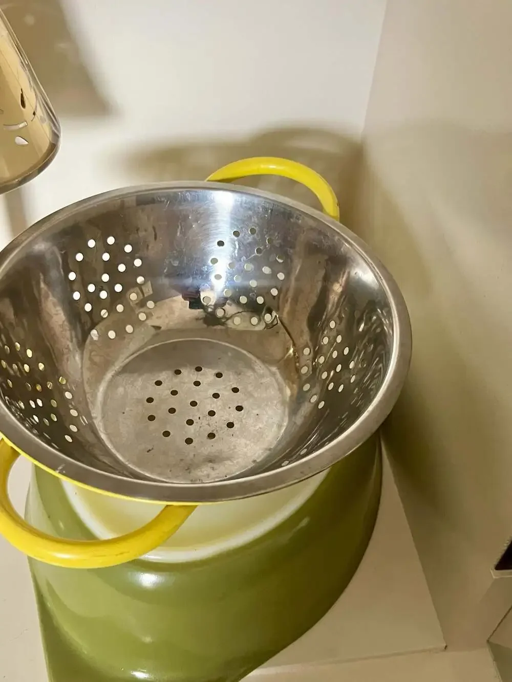 Vintage Yellow Enamelware Pedestal Colander with Black Trim